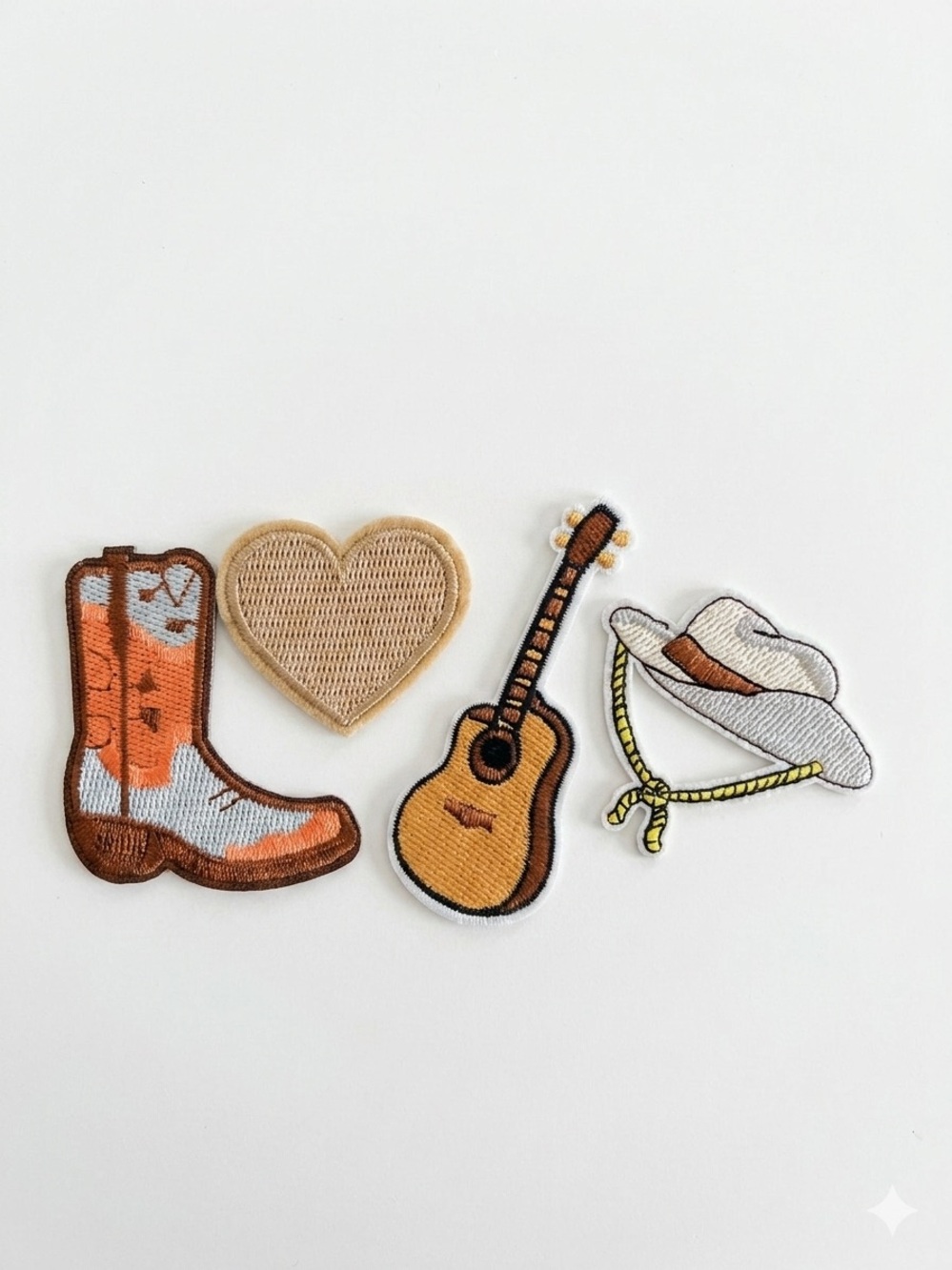 Cowboy Boots, Heart, Guitar & Hat Iron-On Patches - Beige, Brown & White